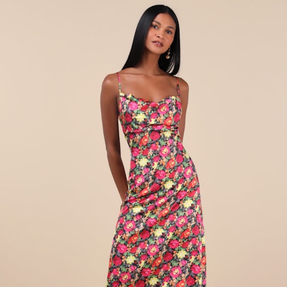 Lulus Favorite Icon Black Multi Floral Satin Cowl Neck Slip Midi Dress - Picture 1 of 1